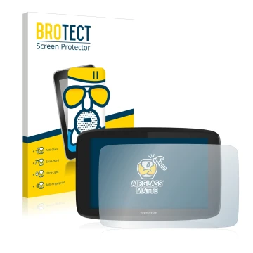 Front side of a product packaging with the brand logo BROTECT. Next to it is the device TomTom Go Professional 6200 shown with