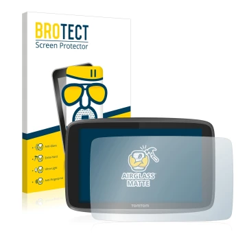 Front side of a product packaging with the brand logo BROTECT. Next to it is the device TomTom Go Professional 6250 shown with