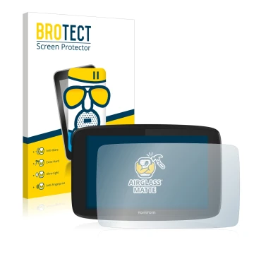 Front side of a product packaging with the brand logo BROTECT. Next to it is the device TomTom Go Professional 620 shown with 