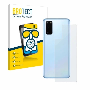 Front side of a product packaging with the brand logo BROTECT. Next to it is the device Samsung Galaxy S20 5G (Back) shown wit