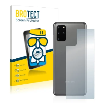 Front side of a product packaging with the brand logo BROTECT. Next to it is the device Samsung Galaxy S20 Plus 5G (Back) show