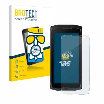 Front side of a product packaging with the brand logo BROTECT. Next to it is the device Crosscall Core M4 shown with the corre