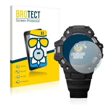Front side of a product packaging with the brand logo BROTECT. Next to it is the device Casio G-Shock GBD-H1000 shown with the