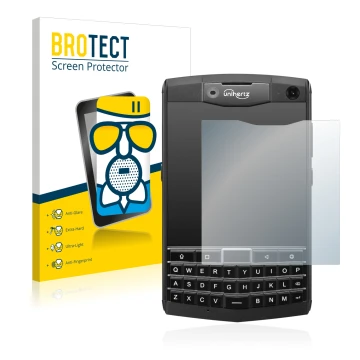 Front side of a product packaging with the brand logo BROTECT. Next to it is the device Unihertz Titan shown with the correspo