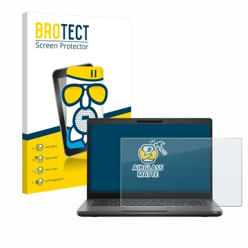 Front side of a product packaging with the brand logo BROTECT. Next to it is the device Dell Latitude 5400 shown with the corr