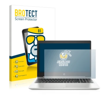 Front side of a product packaging with the brand logo BROTECT. Next to it is the device HP ProBook 450 G6 shown with the corre