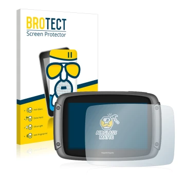 Front side of a product packaging with the brand logo BROTECT. Next to it is the device TomTom Rider 50 shown with the corresp