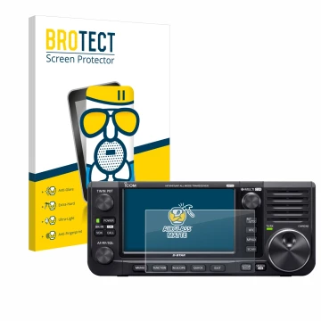 Front side of a product packaging with the brand logo BROTECT. Next to it is the device Icom IC-705 shown with the correspondi