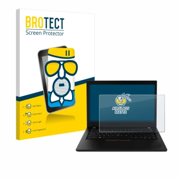 Front side of a product packaging with the brand logo BROTECT. Next to it is the device Lenovo ThinkPad L490 shown with the co