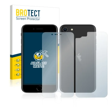 Front side of a product packaging with the brand logo BROTECT. Next to it is the device Apple iPhone SE 2 2020 (Front+Back) sh