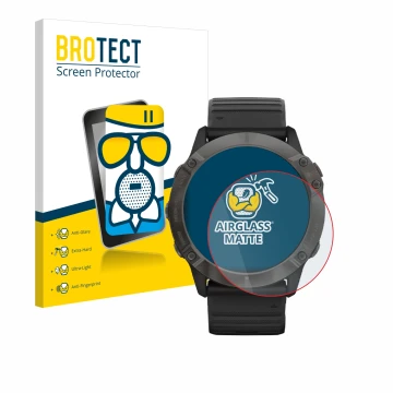 Front side of a product packaging with the brand logo BROTECT. Next to it is the device Garmin Fenix 6X Pro Solar shown with t