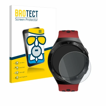 Front side of a product packaging with the brand logo BROTECT. Next to it is the device Huawei Watch GT 2e shown with the corr