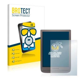 Front side of a product packaging with the brand logo BROTECT. Next to it is the device PocketBook InkPad 3 Pro shown with the