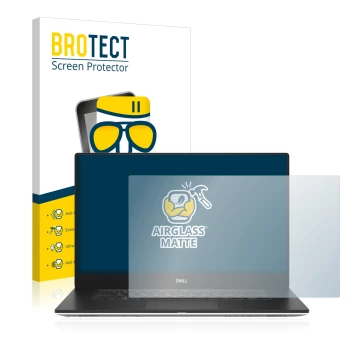 Front side of a product packaging with the brand logo BROTECT. Next to it is the device Dell Precision 5540 shown with the cor