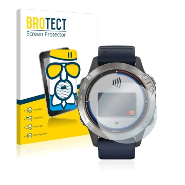 Front side of a product packaging with the brand logo BROTECT. Next to it is the device Garmin quatix 6 shown with the corresp