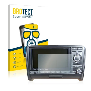 Front side of a product packaging with the brand logo BROTECT. Next to it is the device Audi A3 8P 2004-2012 RNS-E shown with 