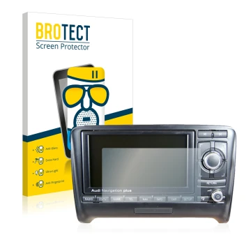 Front side of a product packaging with the brand logo BROTECT. Next to it is the device Audi A4 8E 2004-2009 RNS-E shown with 