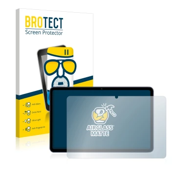 Front side of a product packaging with the brand logo BROTECT. Next to it is the device Huawei MatePad 10.4 shown with the cor