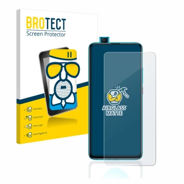 Front side of a product packaging with the brand logo BROTECT. Next to it is the device Xiaomi Poco F2 Pro shown with the corr