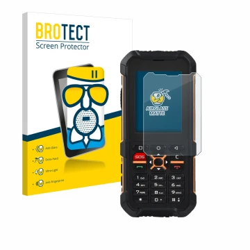 Front side of a product packaging with the brand logo BROTECT. Next to it is the device RugGear RG170 shown with the correspon