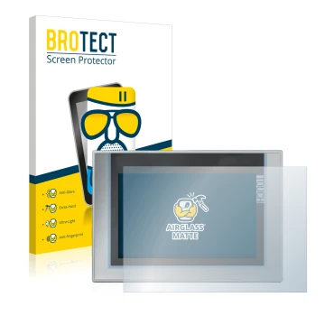 Front side of a product packaging with the brand logo BROTECT. Next to it is the device Siemens Simatic TP1200 Comfort shown w