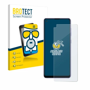 Front side of a product packaging with the brand logo BROTECT. Next to it is the device Samsung Galaxy A21s shown with the cor