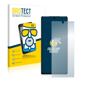 Front side of a product packaging with the brand logo BROTECT. Next to it is the device Samsung Galaxy Note 20 shown with the 
