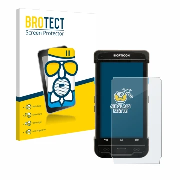 Front side of a product packaging with the brand logo BROTECT. Next to it is the device Opticon H-31 shown with the correspond