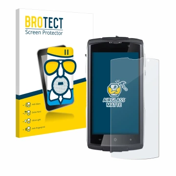 Front side of a product packaging with the brand logo BROTECT. Next to it is the device GoClever Quantum 500 Steel shown with 