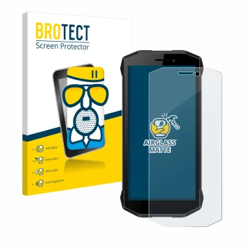 Front side of a product packaging with the brand logo BROTECT. Next to it is the device Evolveo Strongphone G5 shown with the 