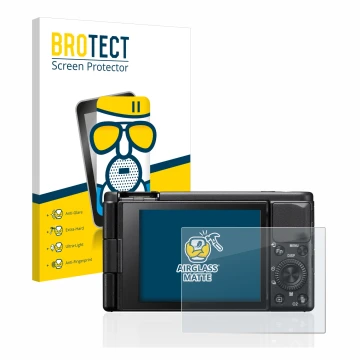 Front side of a product packaging with the brand logo BROTECT. Next to it is the device Sony ZV-1 shown with the corresponding