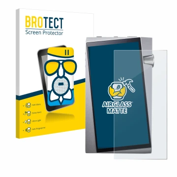 Front side of a product packaging with the brand logo BROTECT. Next to it is the device Astell&Kern A&norma SR25 shown with th