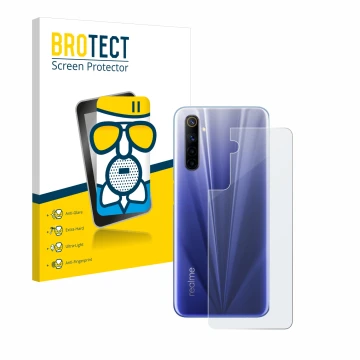 Front side of a product packaging with the brand logo BROTECT. Next to it is the device realme 6 (Back) shown with the corresp