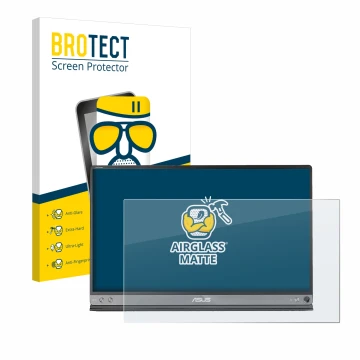 Front side of a product packaging with the brand logo BROTECT. Next to it is the device ASUS ZenScreen MB16AC shown with the c