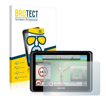 Front side of a product packaging with the brand logo BROTECT. Next to it is the device Snooper Truckmate S6900 shown with the