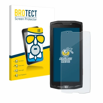 Front side of a product packaging with the brand logo BROTECT. Next to it is the device Crosscall Core X4 shown with the corre