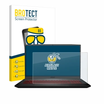Front side of a product packaging with the brand logo BROTECT. Next to it is the device MSI GF75 10SDR-234 shown with the corr