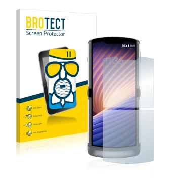 Front side of a product packaging with the brand logo BROTECT. Next to it is the device Motorola Razr 5G 2020 shown with the c