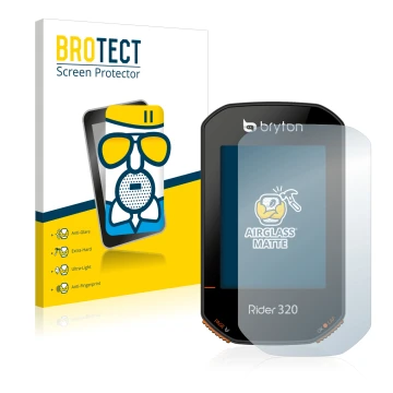 Front side of a product packaging with the brand logo BROTECT. Next to it is the device Bryton Rider 320 shown with the corres