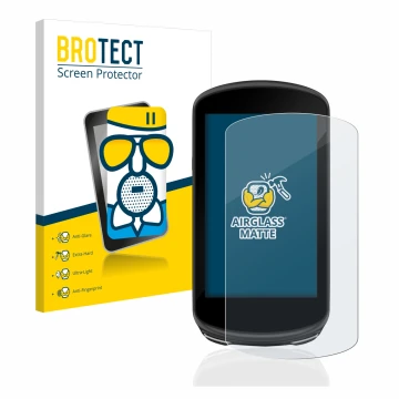 Front side of a product packaging with the brand logo BROTECT. Next to it is the device Garmin Edge 1030 Plus shown with the c
