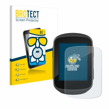 Front side of a product packaging with the brand logo BROTECT. Next to it is the device Garmin Edge 130 Plus shown with the co