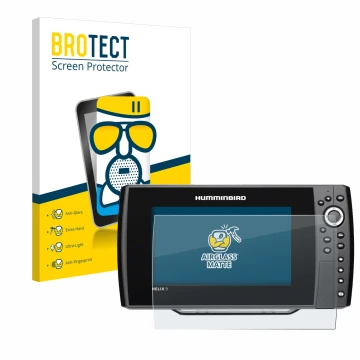 Front side of a product packaging with the brand logo BROTECT. Next to it is the device Humminbird Helix 9 G2N shown with the 