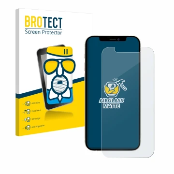 Front side of a product packaging with the brand logo BROTECT. Next to it is the device Apple iPhone 12 Pro shown with the cor