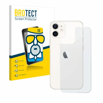 Front side of a product packaging with the brand logo BROTECT. Next to it is the device Apple iPhone 12 mini (Back) shown with