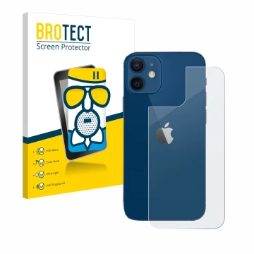 Front side of a product packaging with the brand logo BROTECT. Next to it is the device Apple iPhone 12 (Back) shown with the 
