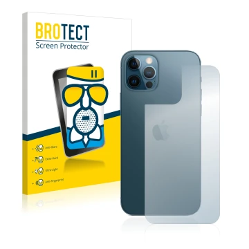 Front side of a product packaging with the brand logo BROTECT. Next to it is the device Apple iPhone 12 Pro (Back) shown with 