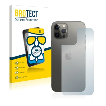 Front side of a product packaging with the brand logo BROTECT. Next to it is the device Apple iPhone 12 Pro Max (Back) shown w