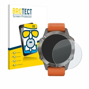 Front side of a product packaging with the brand logo BROTECT. Next to it is the device Garmin Fenix 6 Pro Solar shown with th