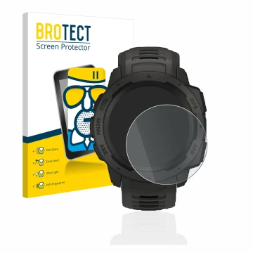 Front side of a product packaging with the brand logo BROTECT. Next to it is the device Garmin Instinct Solar shown with the c
