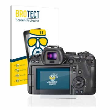 Front side of a product packaging with the brand logo BROTECT. Next to it is the device Canon EOS R6 shown with the correspond